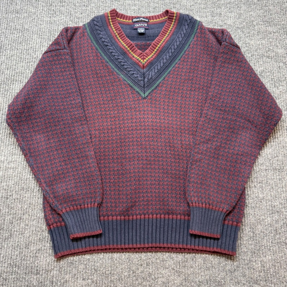 Vintage GANT L Red Tennis Cricket Hand Framed Sweater‎ Houndstooth Preppy Ivy